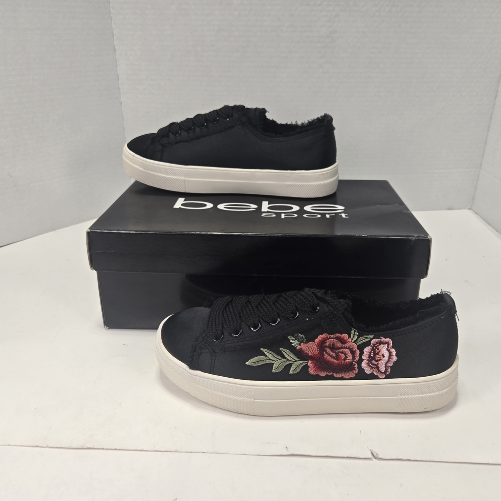 bebe Sport Valle Black Sneakers with Red Floral Embroidery Women's Size 6 - Picture 3 of 15